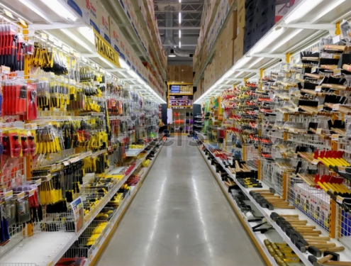 Industrial tools and accessories on shelves